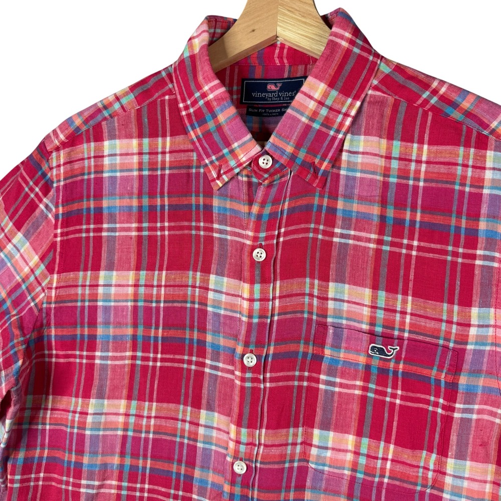 Vineyard Vines Slim Fit Tucker Shirt Mens Medium Red Plaid Linen Short Sleeve